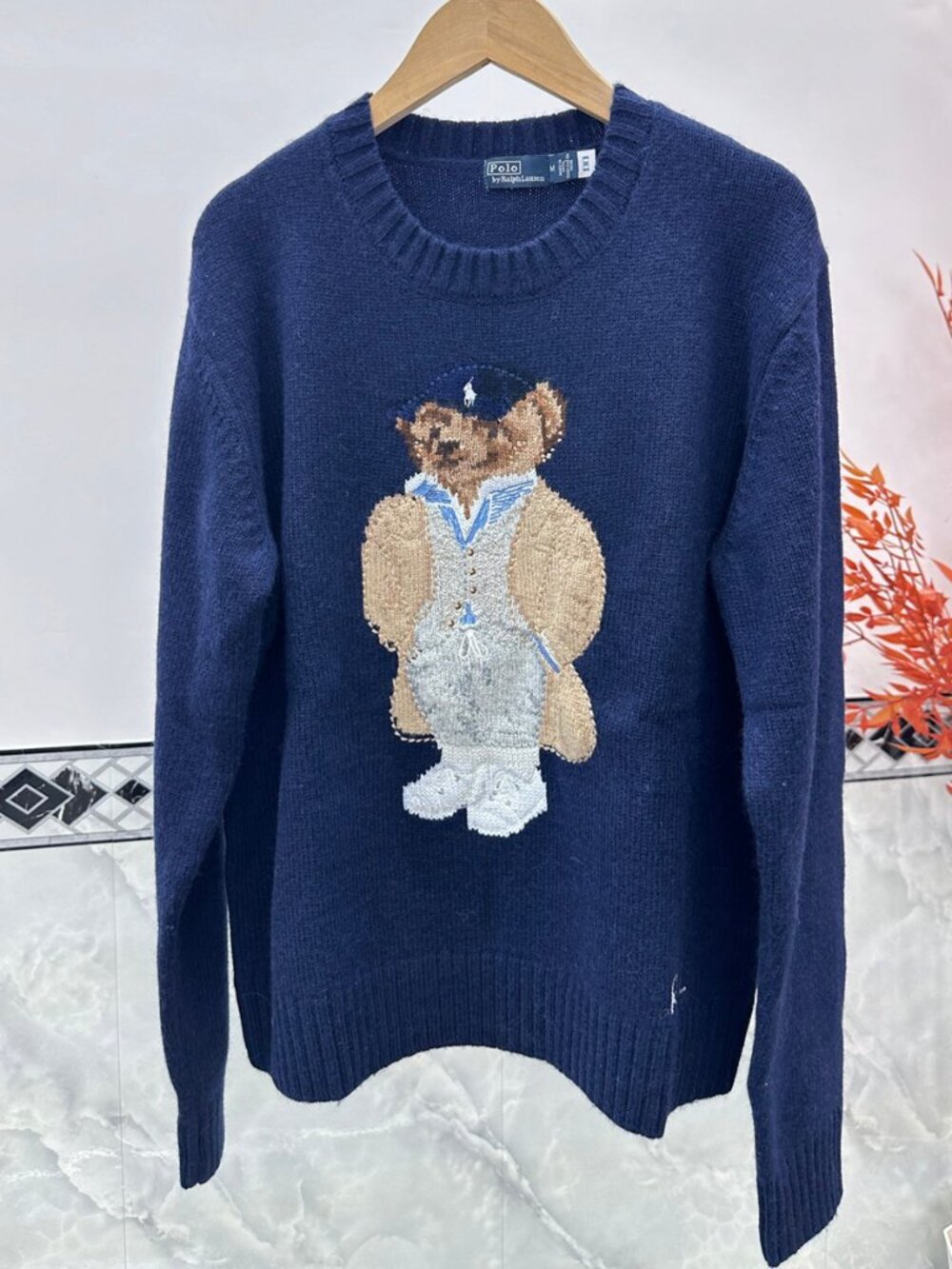 Ralph Lauren Navy Preppy Polo Bear Wool Crewneck Sweater